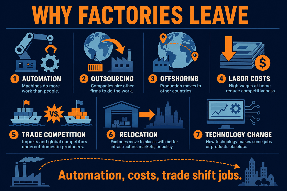 AP Human Geography causes of deindustrialization infographic showing automation, outsourcing, offshoring, labor costs, trade, and industrial relocation.