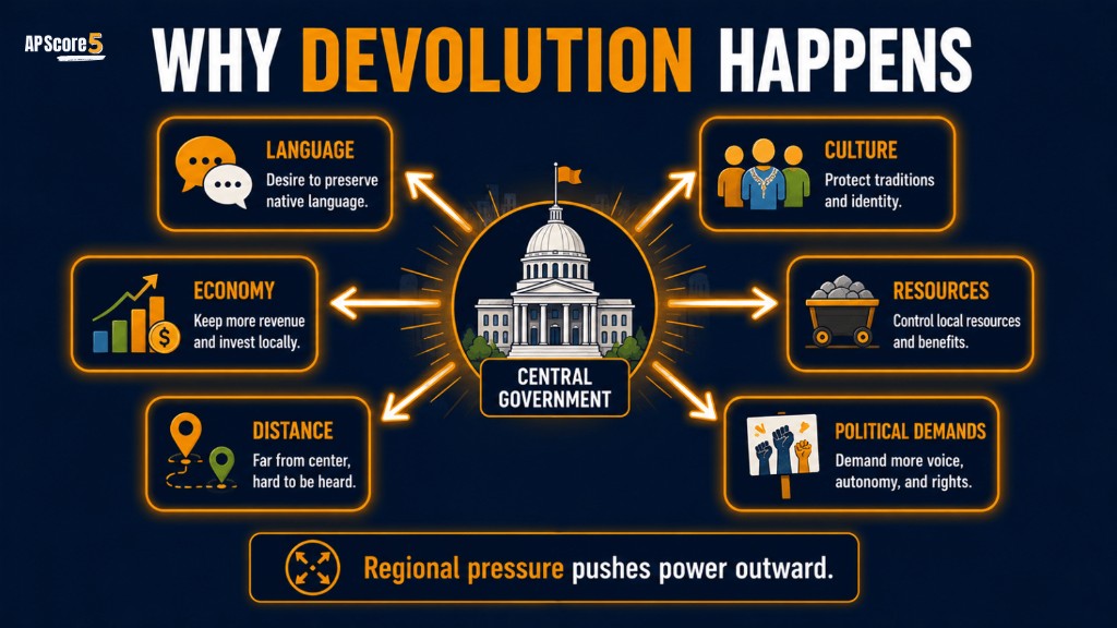 Causes of devolution AP Human Geography image showing identity economy distance politics history and resources pushing power outward