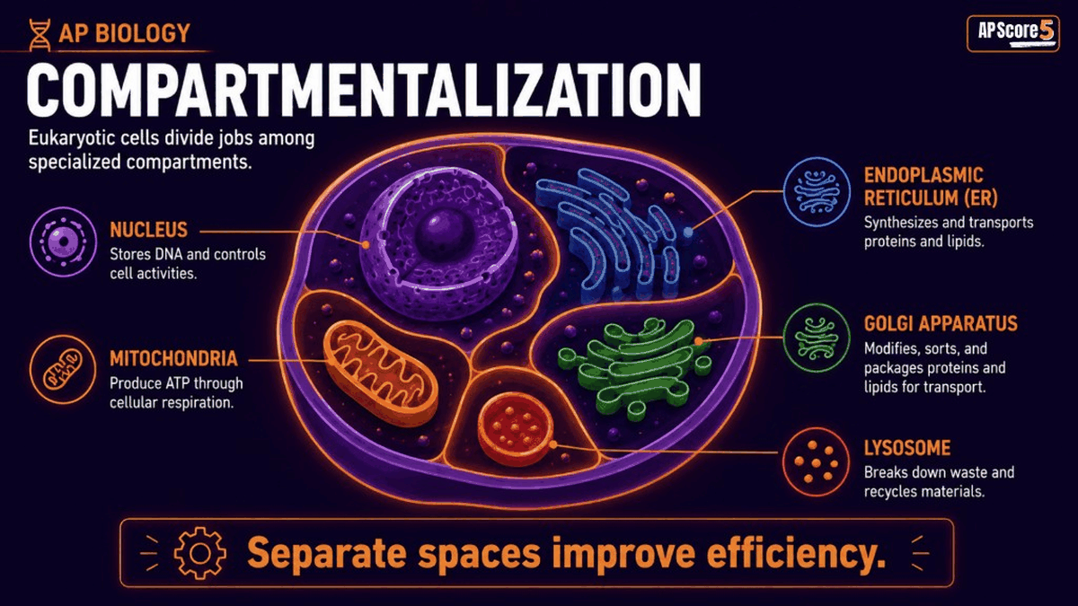 Cell compartmentalization AP Biology infographic showing eukaryotic organelles creating specialized reaction spaces