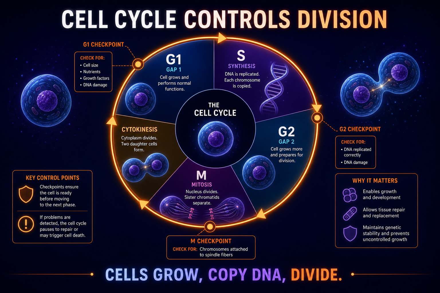 AP Biology cell cycle infographic showing interphase, G1, S phase, G2, mitosis, cytokinesis, and checkpoint control