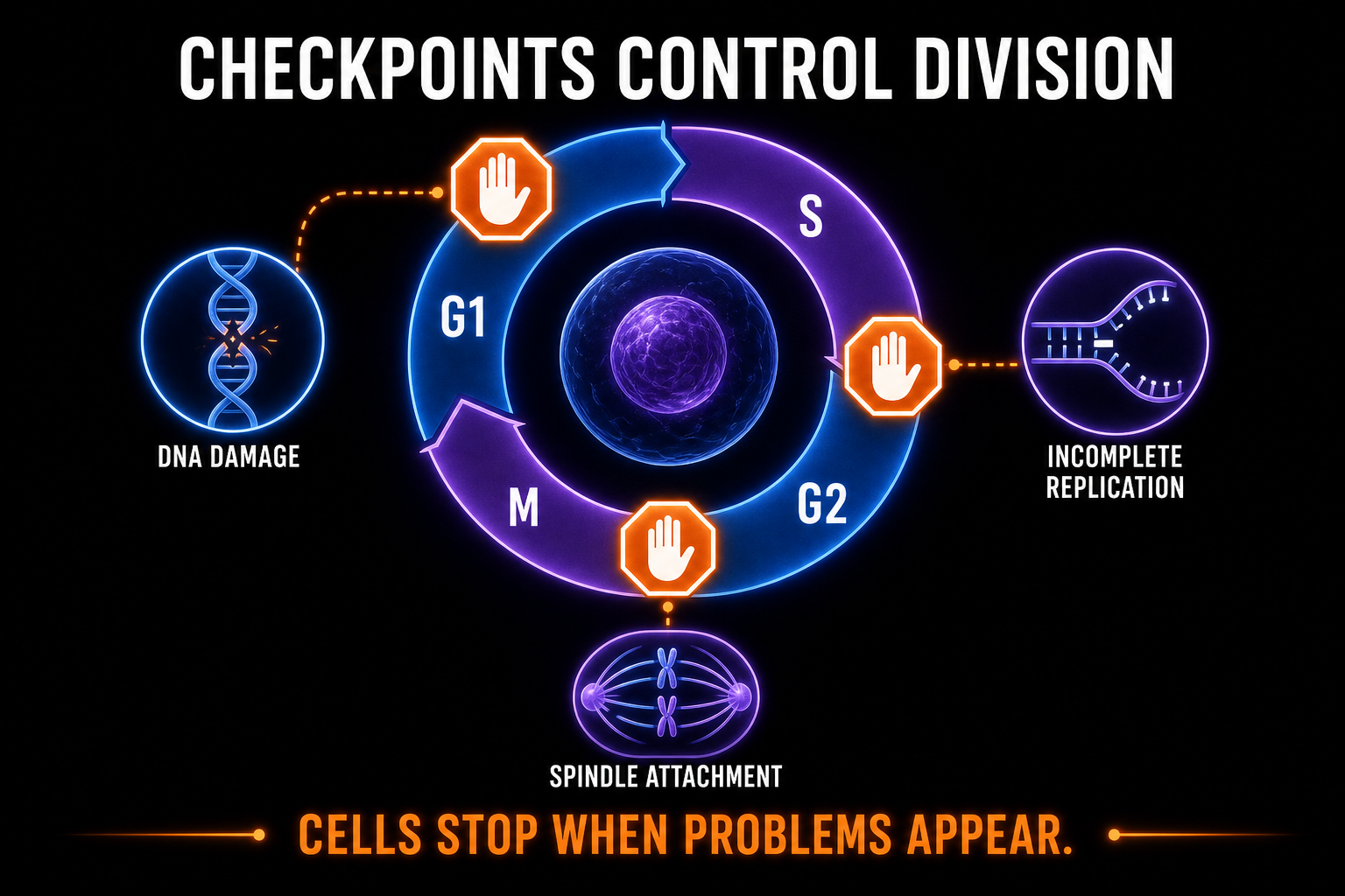AP Biology cell cycle checkpoints infographic showing G1, G2, and M checkpoints controlling cell division decisions