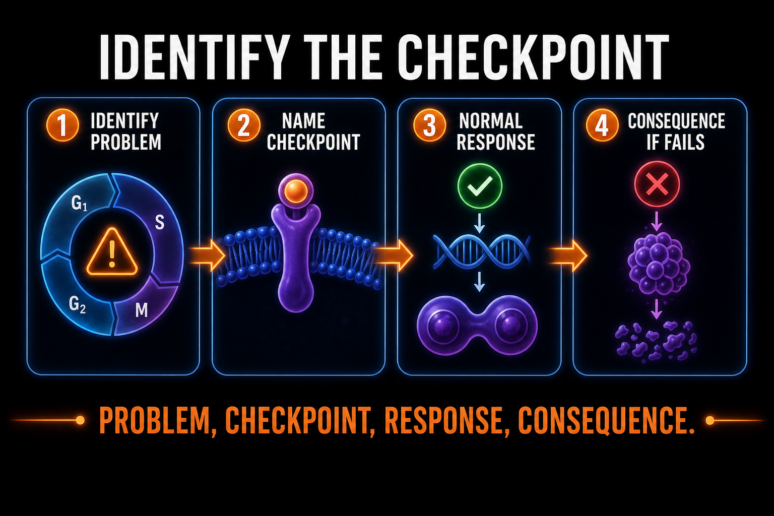 AP Biology cell cycle checkpoints FRQ reasoning infographic showing how to identify checkpoint problems and predict consequences