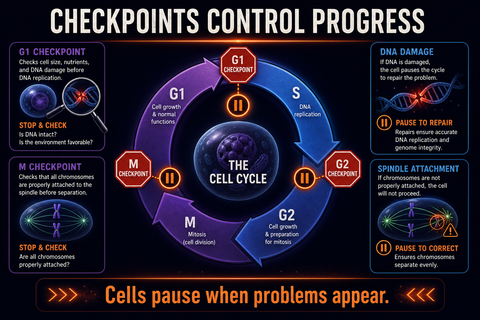 AP Biology cell cycle checkpoints infographic showing G1, G2, and M checkpoints controlling cell cycle progression