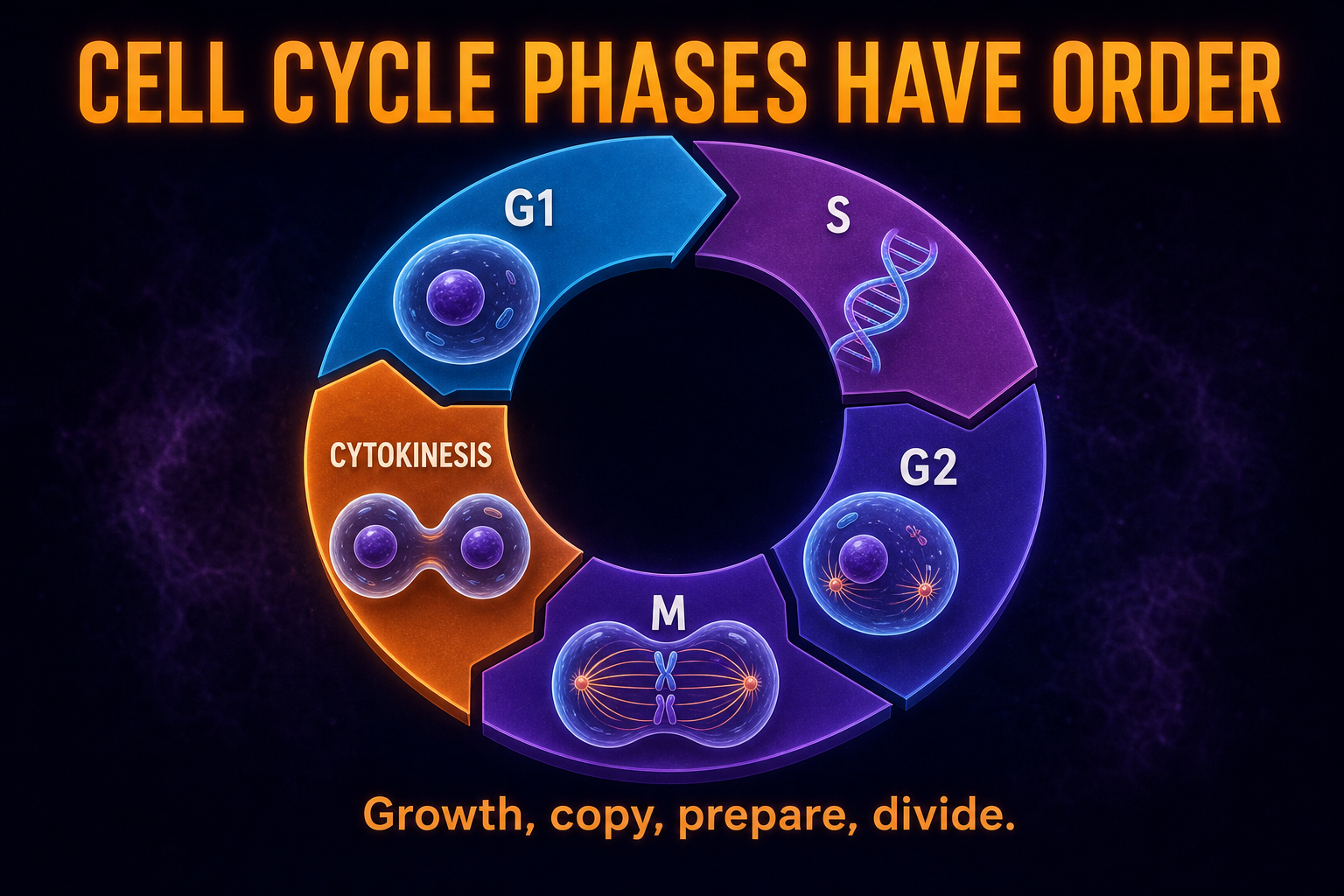 AP Biology cell cycle phases infographic showing G1, S, G2, M phase, cytokinesis, DNA replication, cell growth, and division sequence