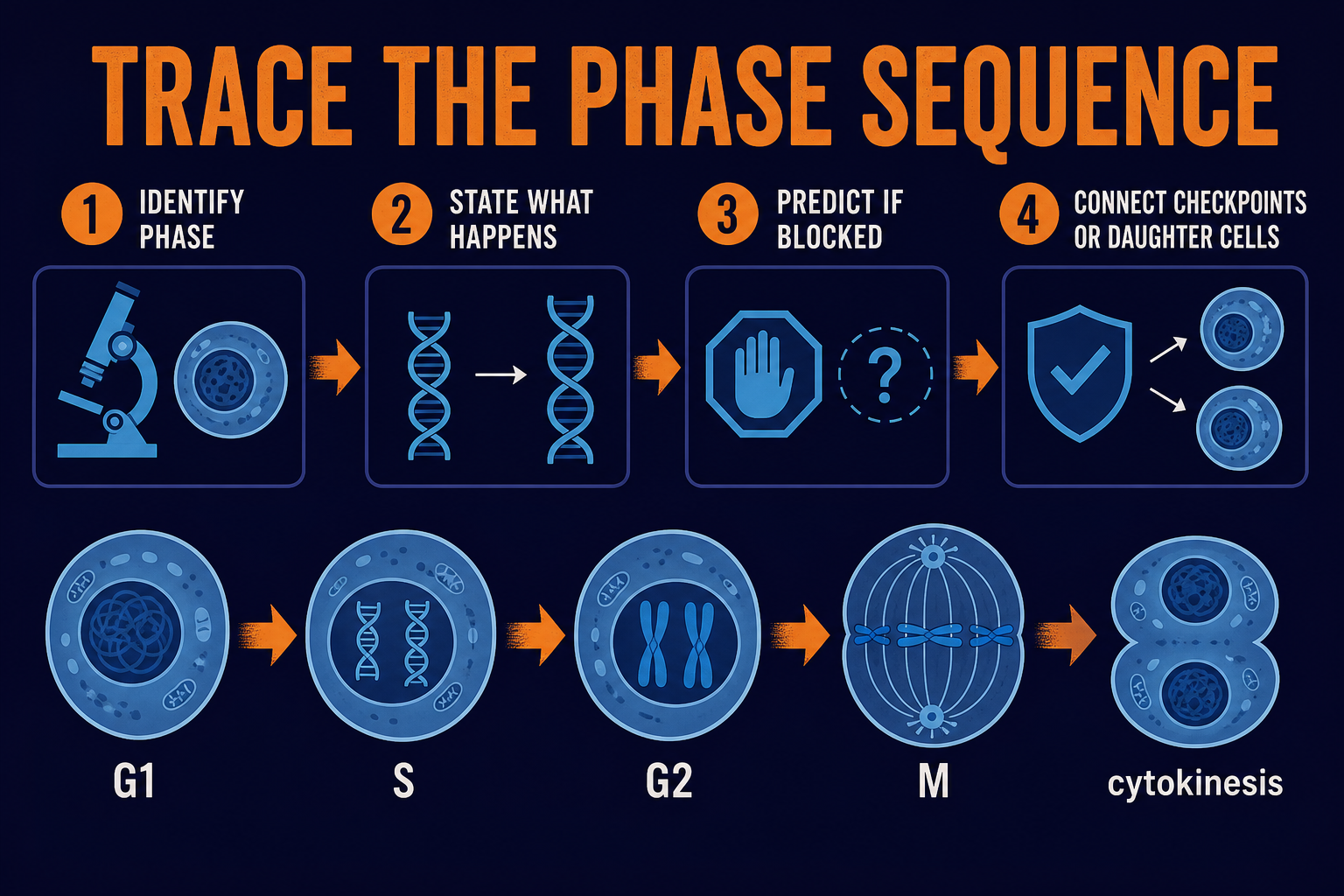 AP Biology cell cycle phases FRQ infographic showing how to identify a phase, explain its role, predict blockage effects, and connect to daughter cells