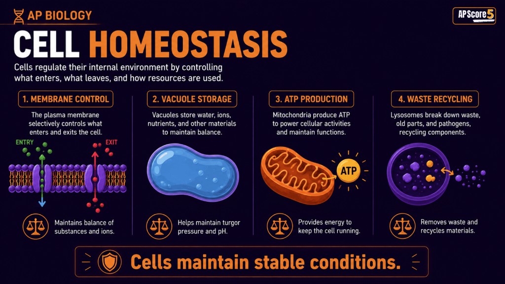 Cell homeostasis AP Biology infographic showing membrane, vacuole, mitochondria, and lysosome supporting stable internal conditions