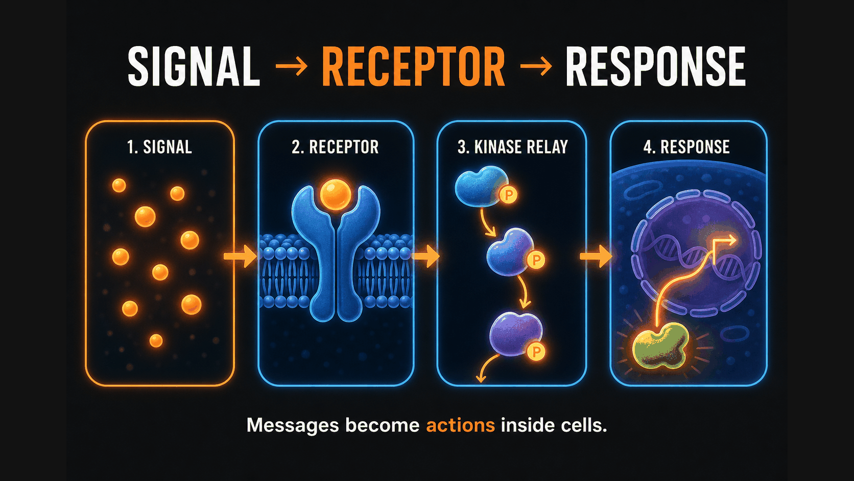 AP Biology diagram showing signal, receptor, transduction, and response in cell communication
