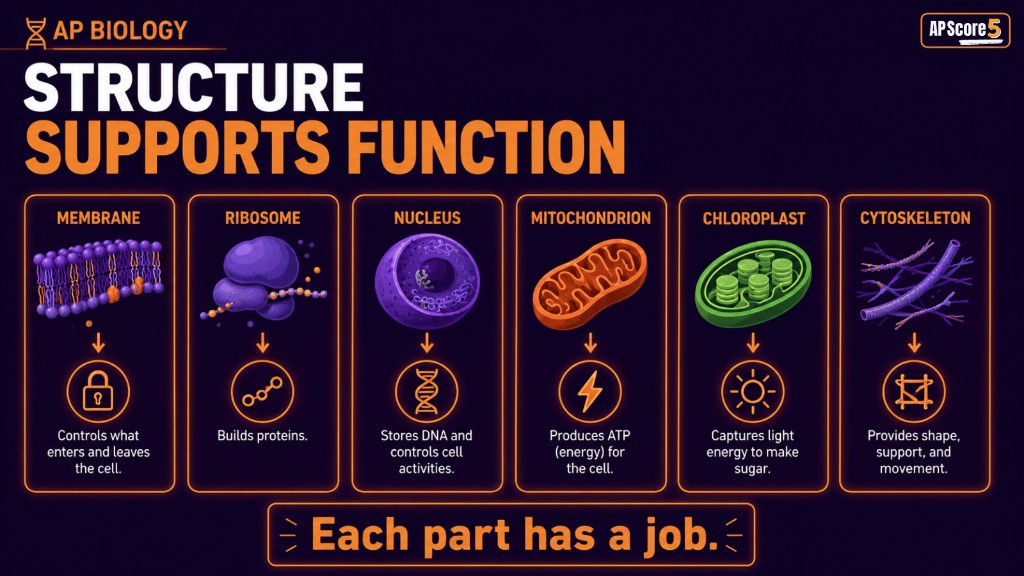 Cell structures and functions AP Biology infographic showing major cell parts connected to their jobs