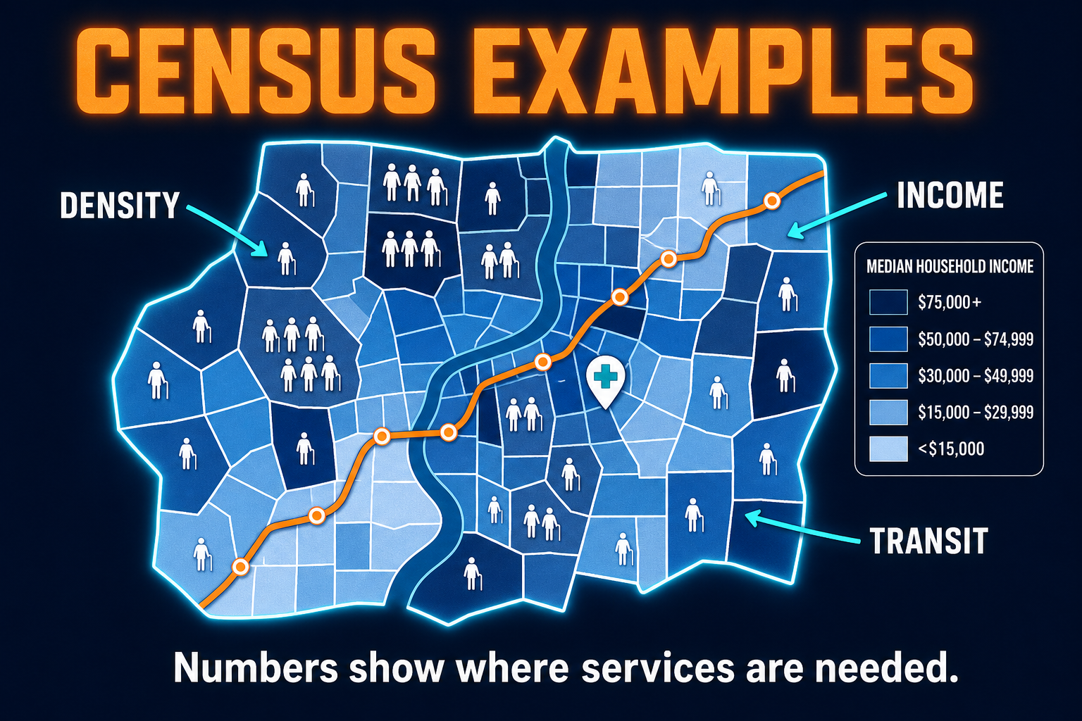 Census data examples in AP Human Geography including population density income age housing language and service planning