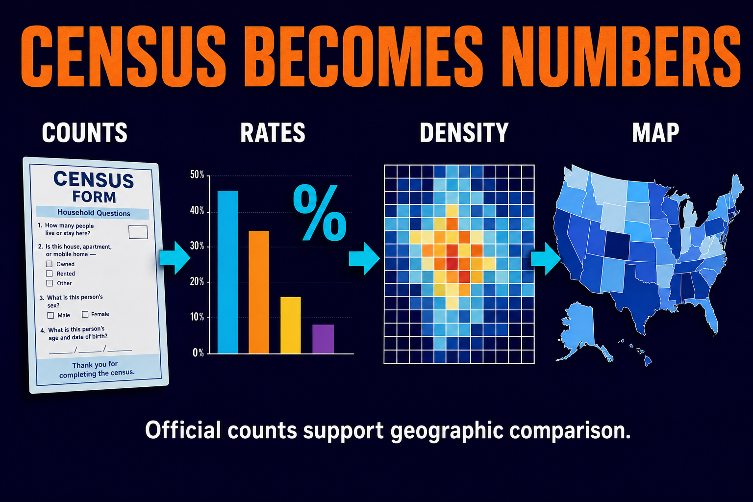 Census data as quantitative geographic data in AP Human Geography showing official counts percentages rates density and mapped comparisons