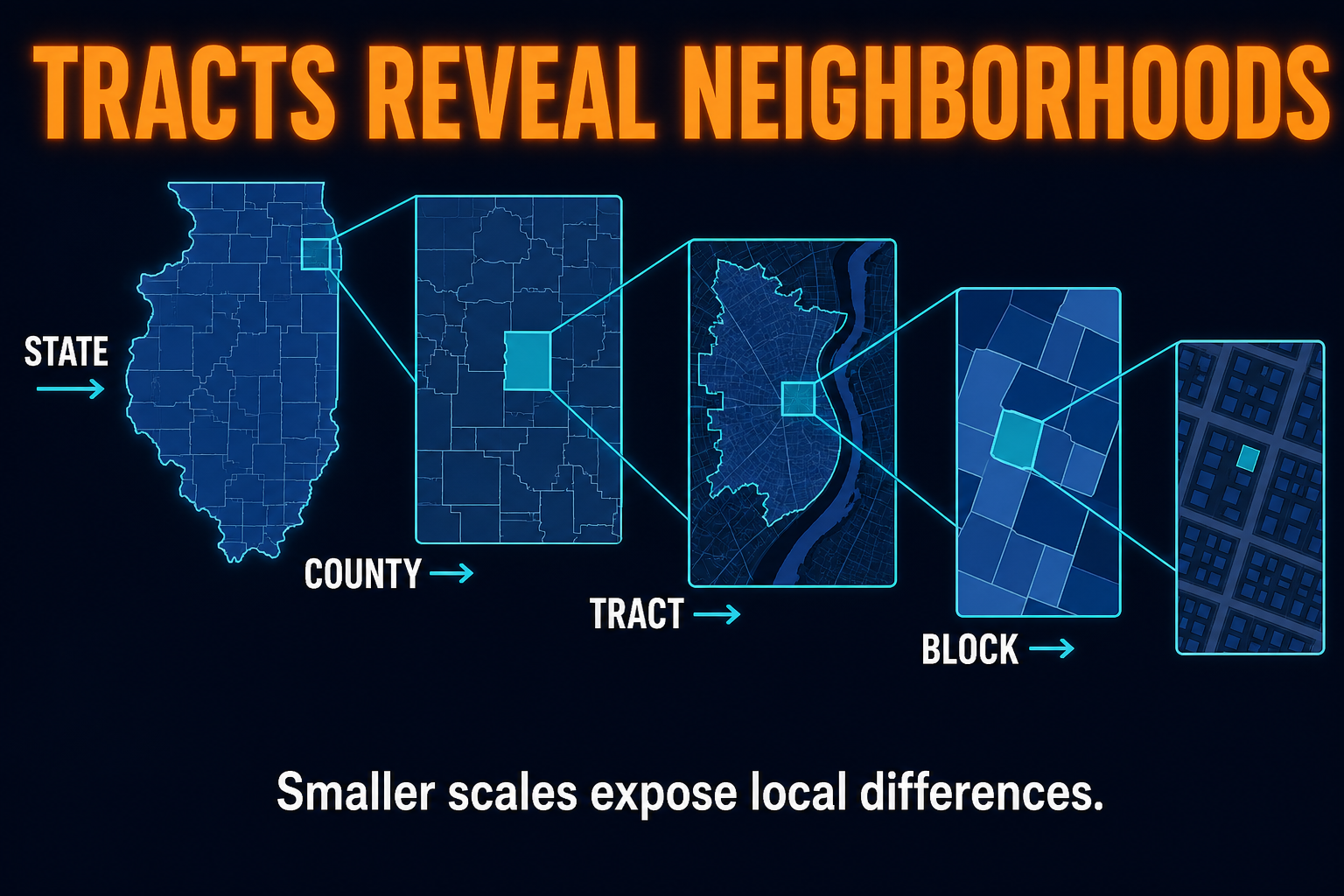 Census tracts blocks and scale in AP Human Geography showing nested geographic units from state county city tract and block