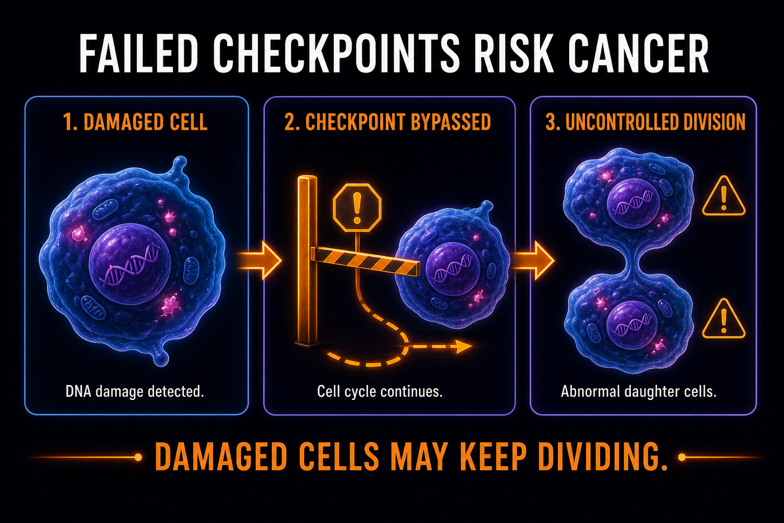 AP Biology checkpoint failure infographic showing damaged cells bypassing regulation and increasing cancer risk