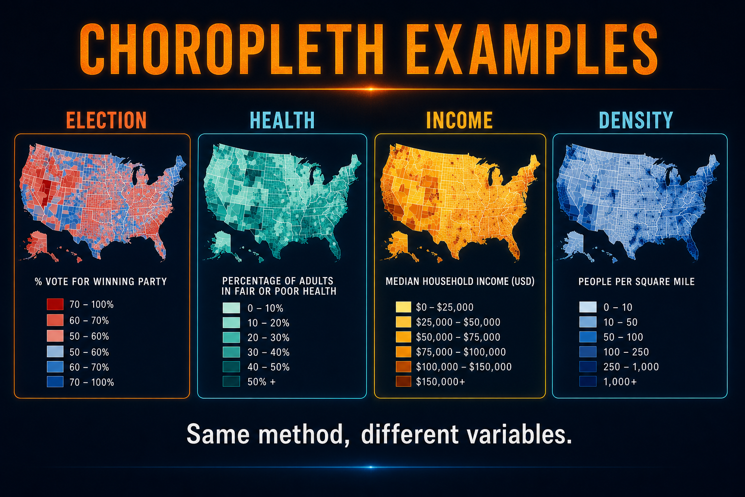 Real-world choropleth map examples for AP Human Geography including election health income and population density maps