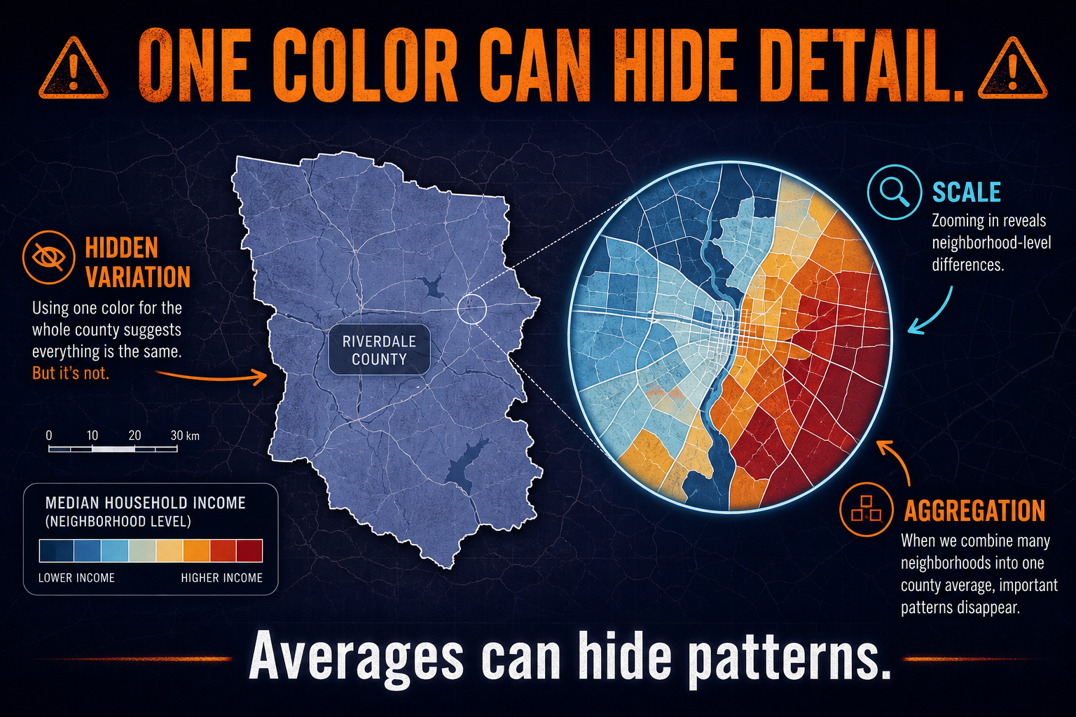 Choropleth map limitations in AP Human Geography showing hidden internal variation inside a shaded region