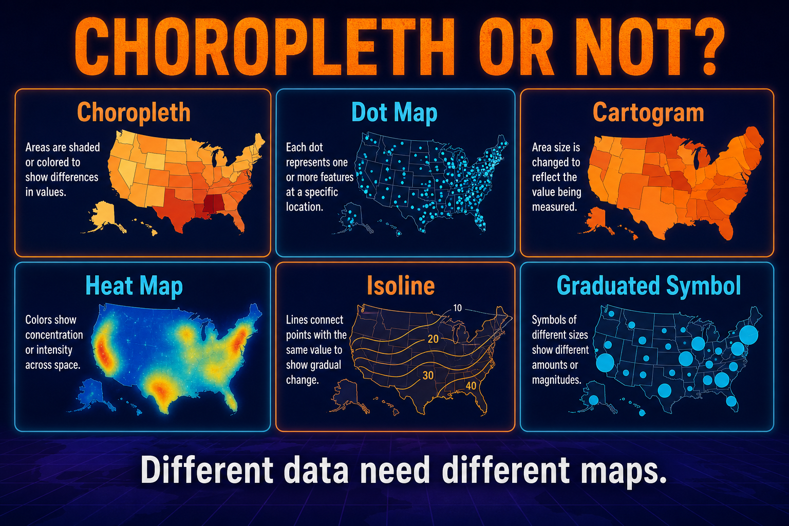 Choropleth maps compared with dot distribution cartogram heat map isoline and graduated symbol maps in AP Human Geography