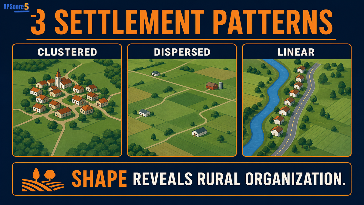 Clustered dispersed and linear settlements AP Human Geography infographic comparing three rural settlement patterns