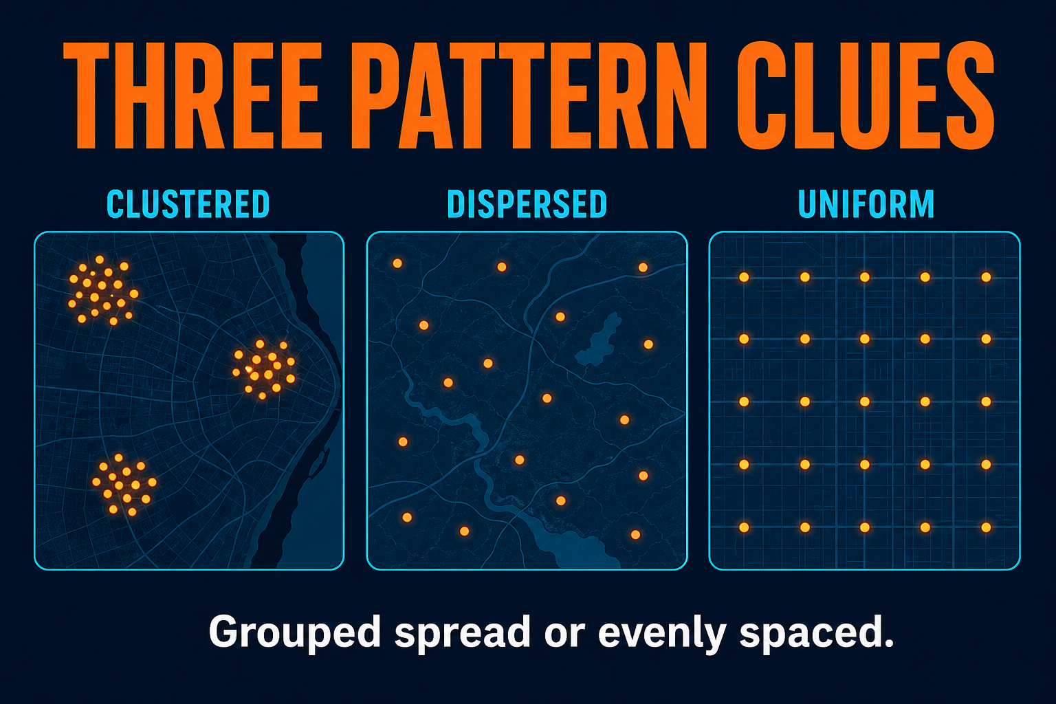 Clustered dispersed and uniform patterns in AP Human Geography comparing grouped spread-out and evenly spaced map features