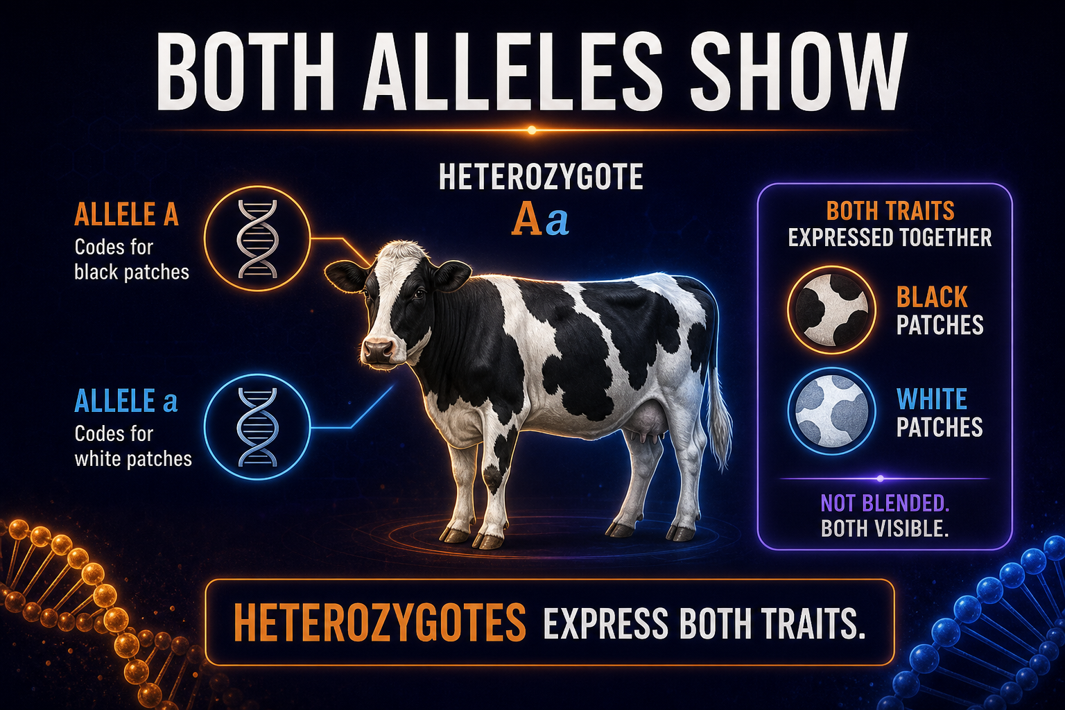 AP Biology codominance infographic showing both alleles expressed in a heterozygous phenotype