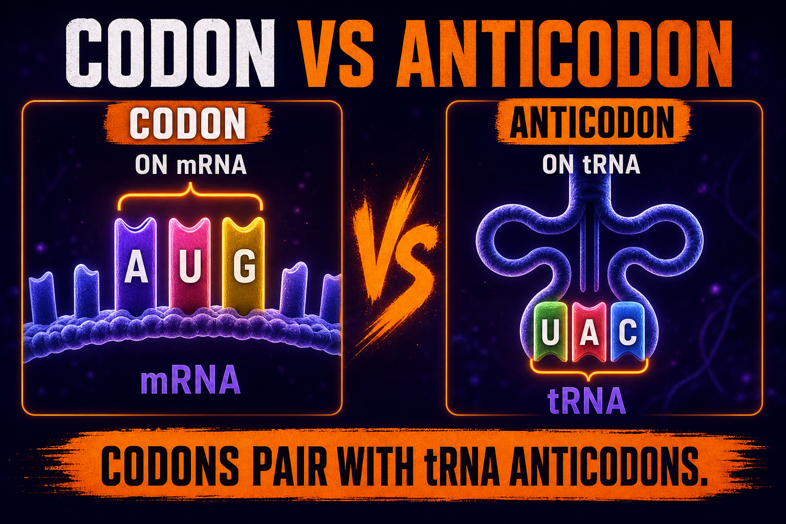 Codon versus anticodon AP Biology showing mRNA codon pairing with tRNA anticodon