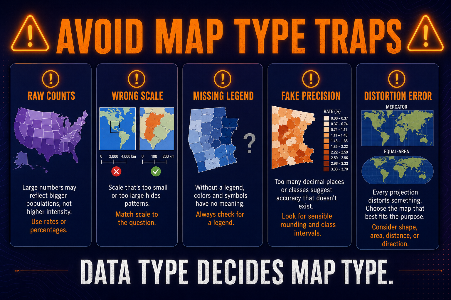 Common AP Human Geography map type mistakes including choropleth raw counts scale aggregation and cartogram distortion