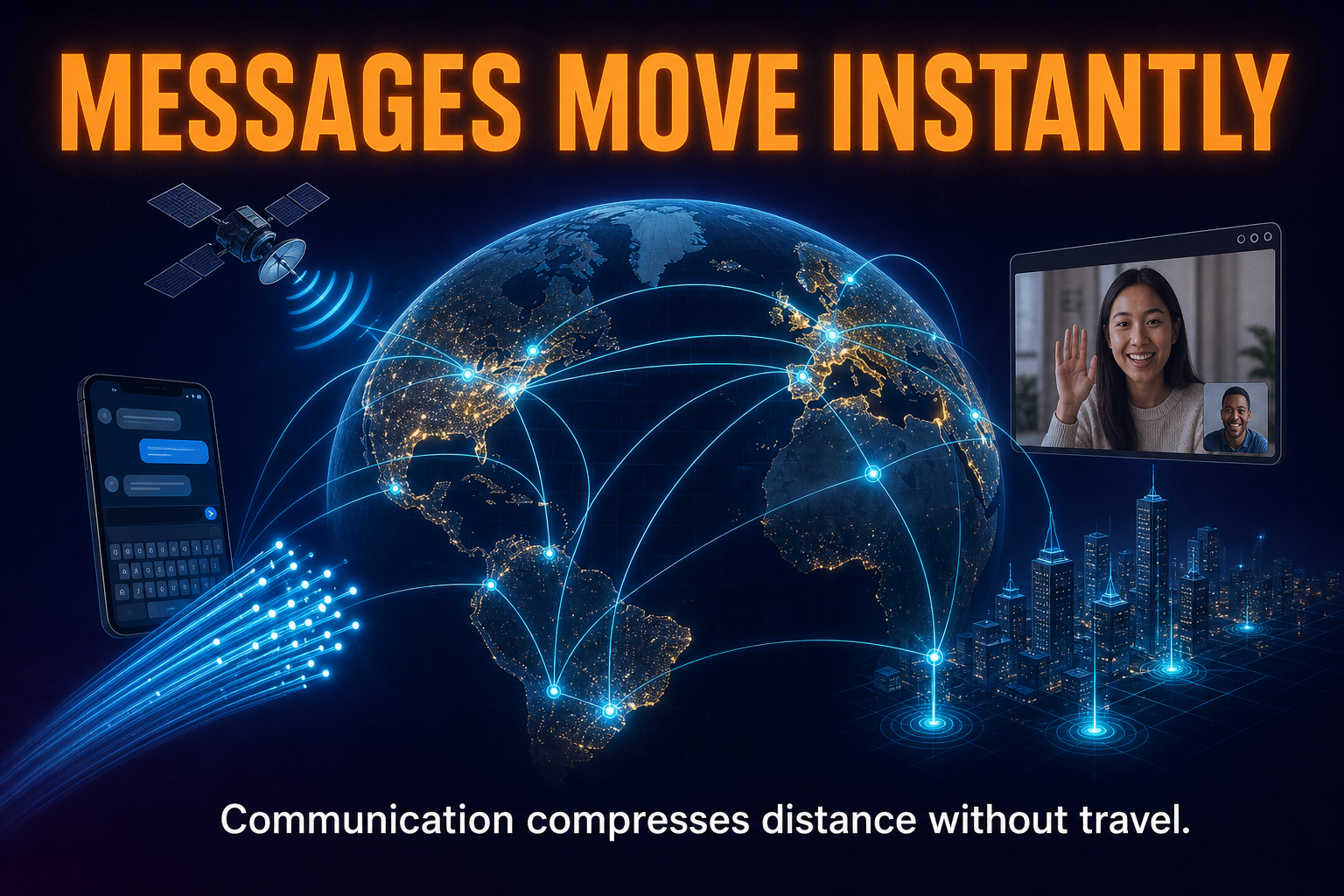 Communication technology causing time-space compression in AP Human Geography with fiber optics satellites smartphones video calls and internet links