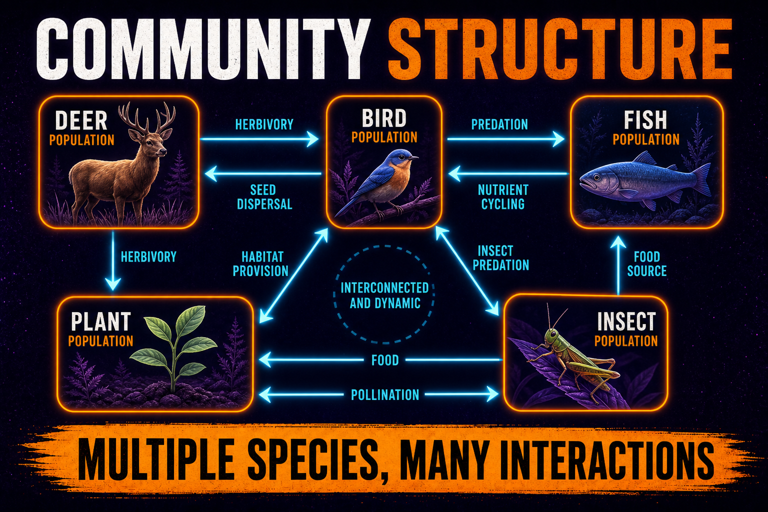 Community structure AP Biology showing multiple species populations interacting in the same ecosystem