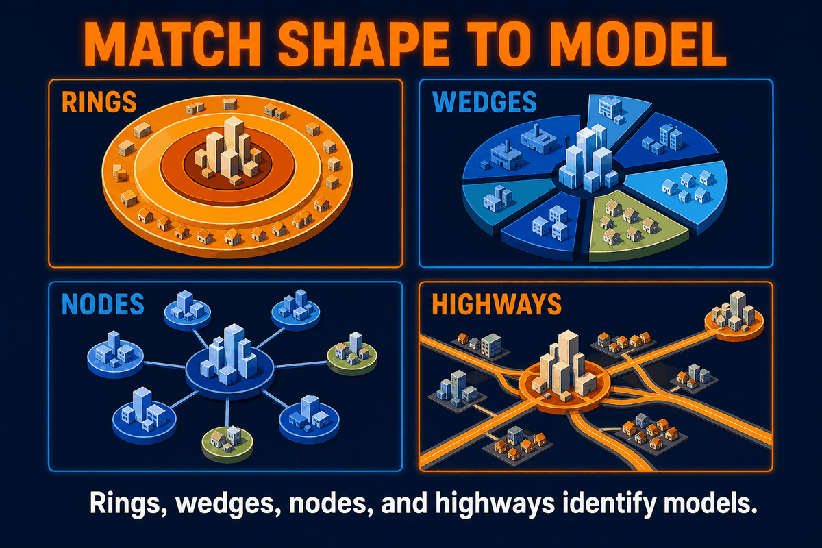 AP Human Geography urban model comparison infographic showing rings for concentric zone, wedges for sector, nodes for multiple nuclei, and highways for galactic city.