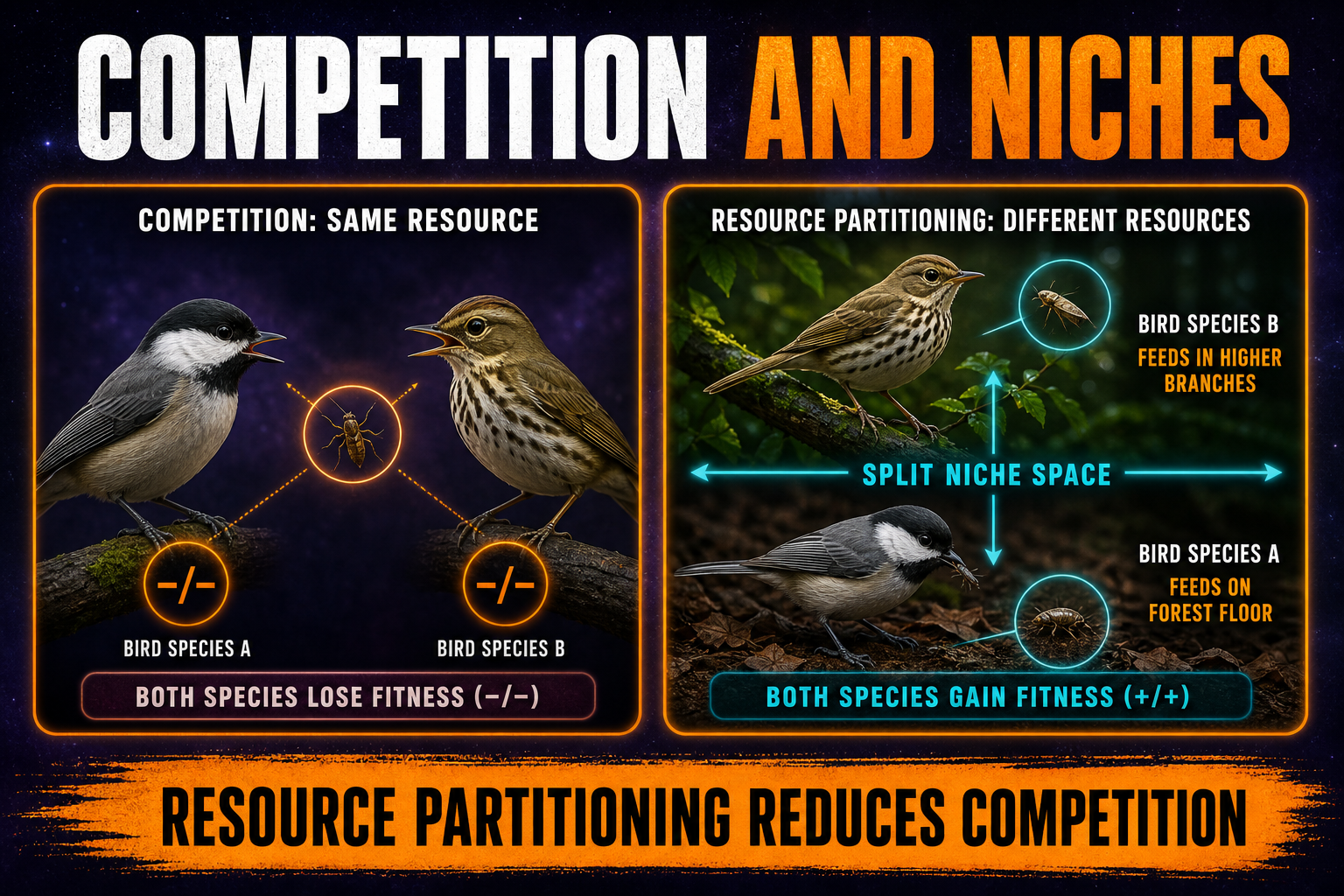 Competition and resource partitioning AP Biology showing species dividing niche space to reduce competition