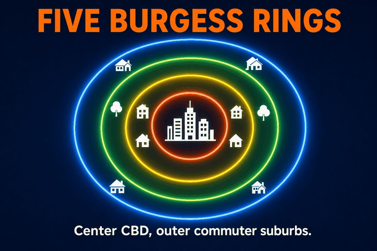 AP Human Geography five Burgess rings infographic showing CBD, transition zone, working-class housing, better residences, and commuter zone from center to edge.