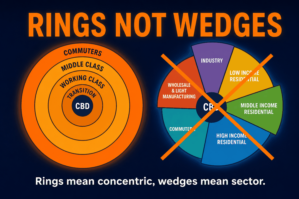 AP Human Geography concentric zone versus sector model infographic comparing concentric rings around the CBD with wedge-shaped land use along transportation routes.