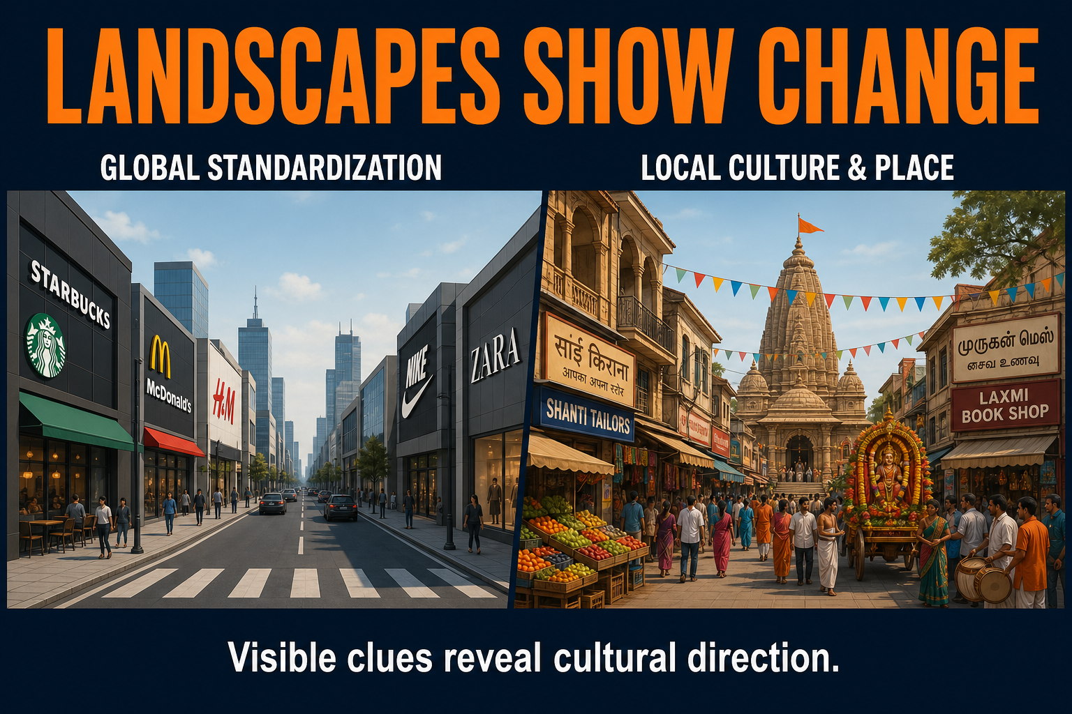 AP Human Geography cultural landscape visual comparing global chains and standardized signs with local signs sacred sites markets and festivals