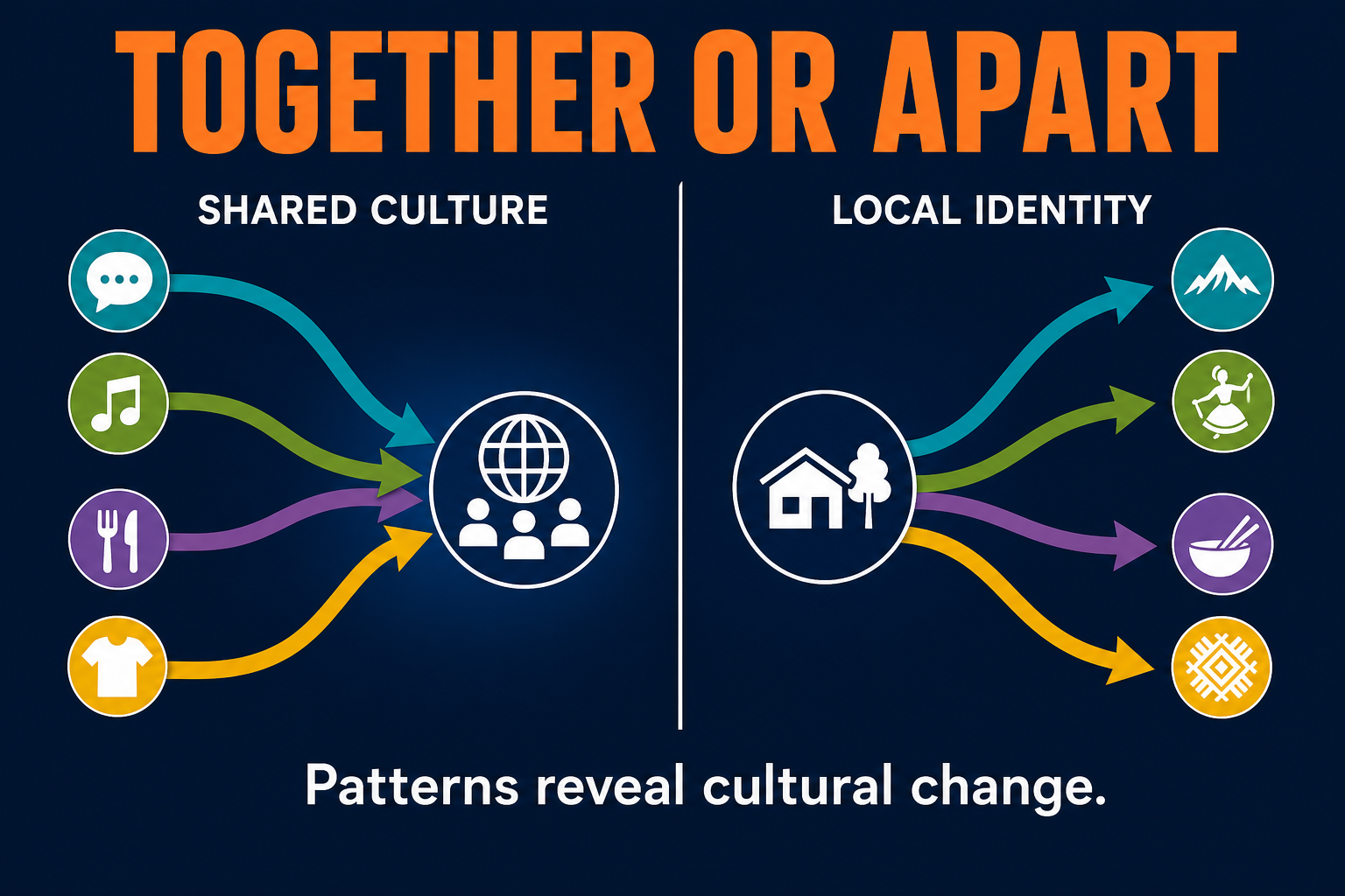 AP Human Geography comparison visual showing convergence merging cultures and divergence preserving separate identities