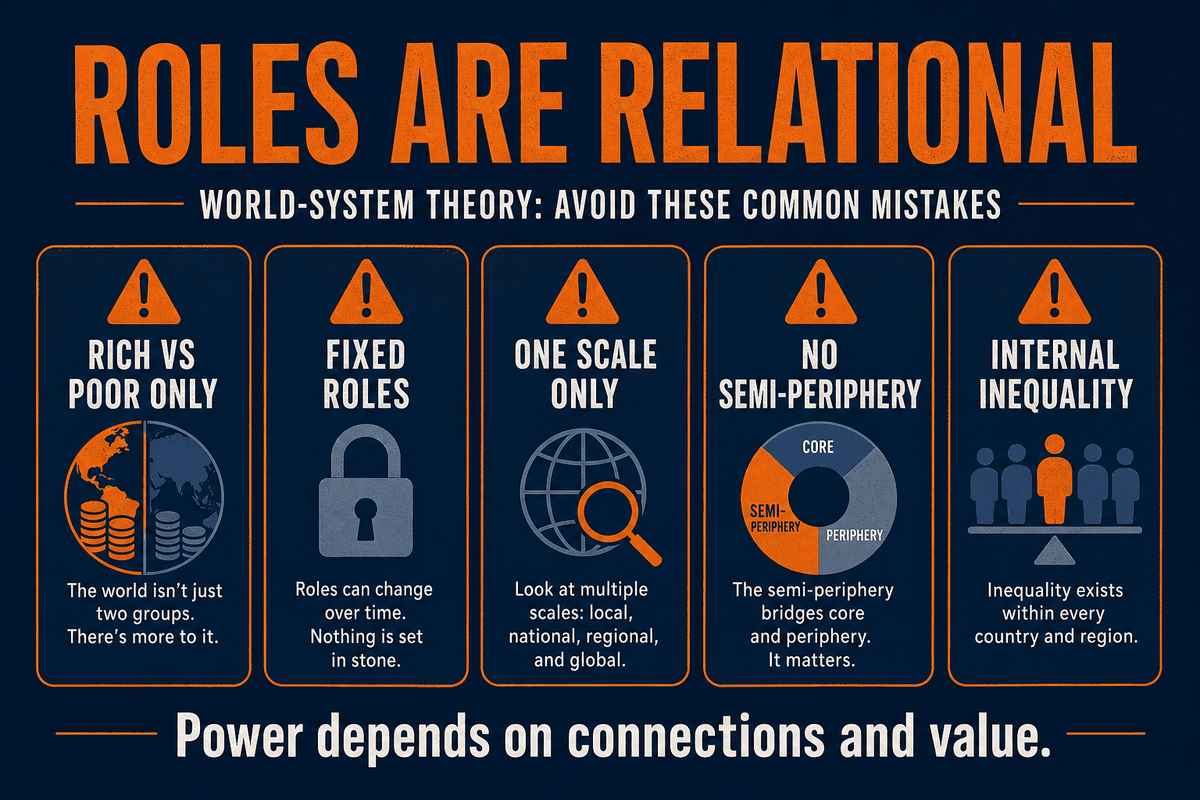 AP Human Geography core-periphery trap infographic showing common mistakes about core, semi-periphery, periphery, scale, wealth, and fixed roles.