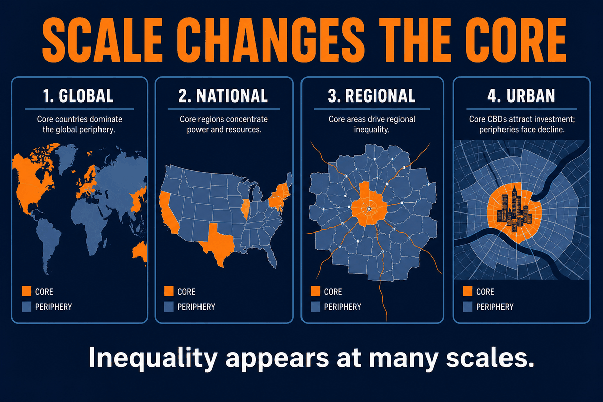 AP Human Geography core-periphery scale infographic showing core and periphery patterns at global, national, regional, and urban scales.