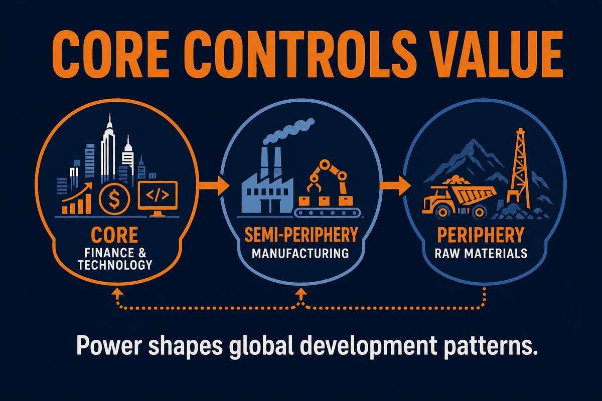 AP Human Geography core semi-periphery periphery infographic showing global economic roles in Wallerstein World Systems Theory.
