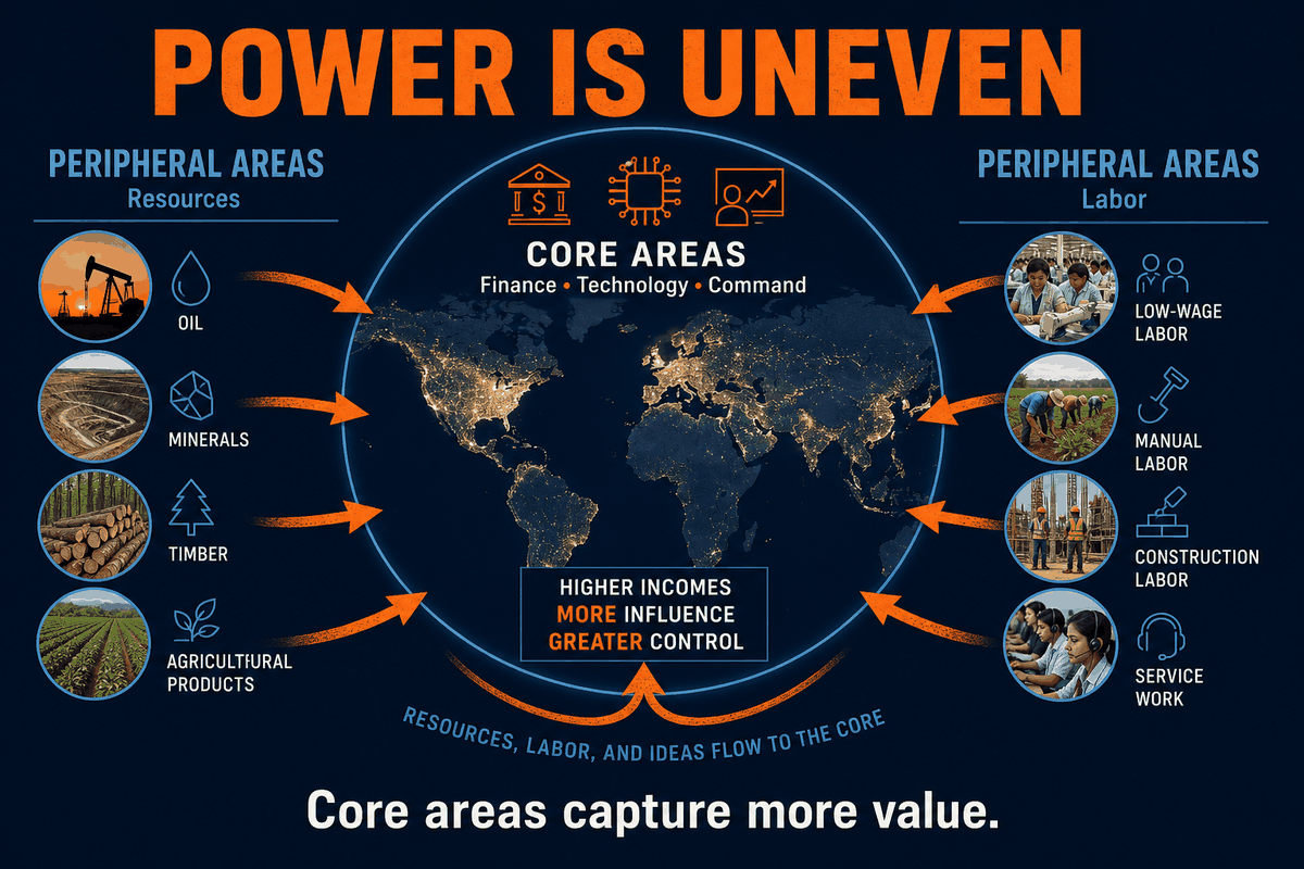 AP Human Geography core versus periphery infographic showing unequal economic power, investment, resources, labor, and value capture.