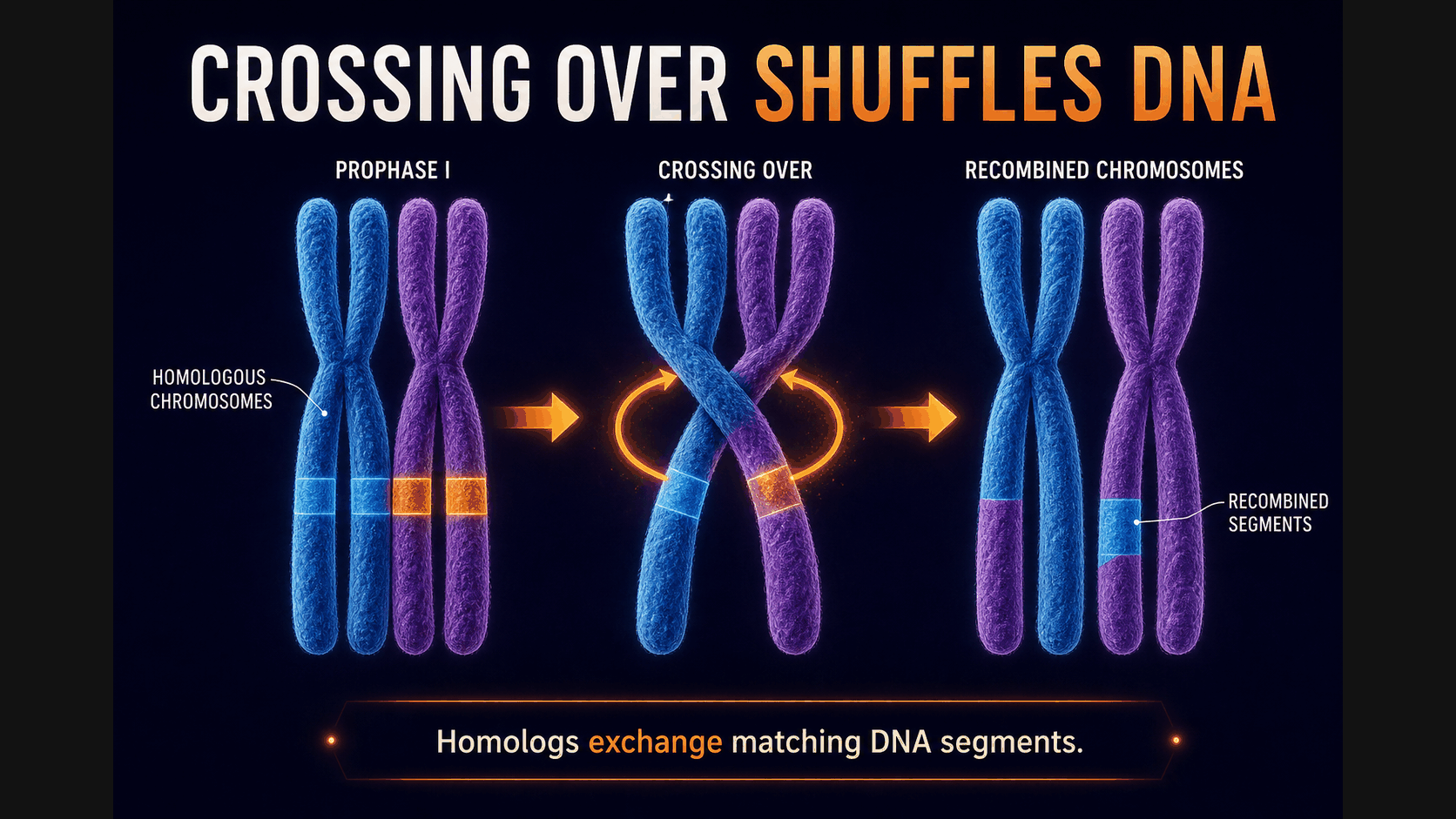 AP Biology crossing over infographic showing homologous chromosomes exchanging DNA segments during prophase I to create recombinant chromosomes