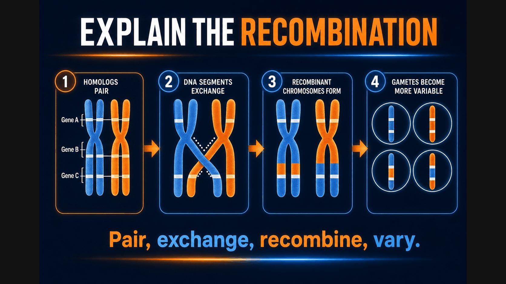 AP Biology crossing over FRQ reasoning infographic showing how to explain recombination and genetic variation