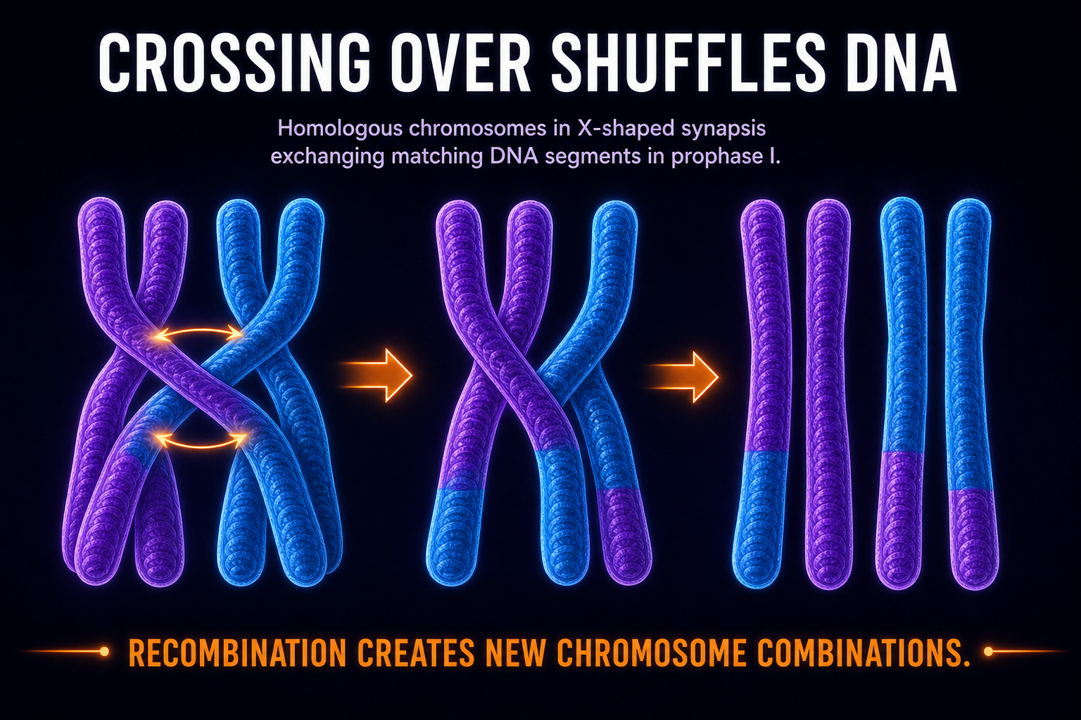 AP Biology crossing over infographic showing homologous chromosomes exchanging DNA segments during prophase I