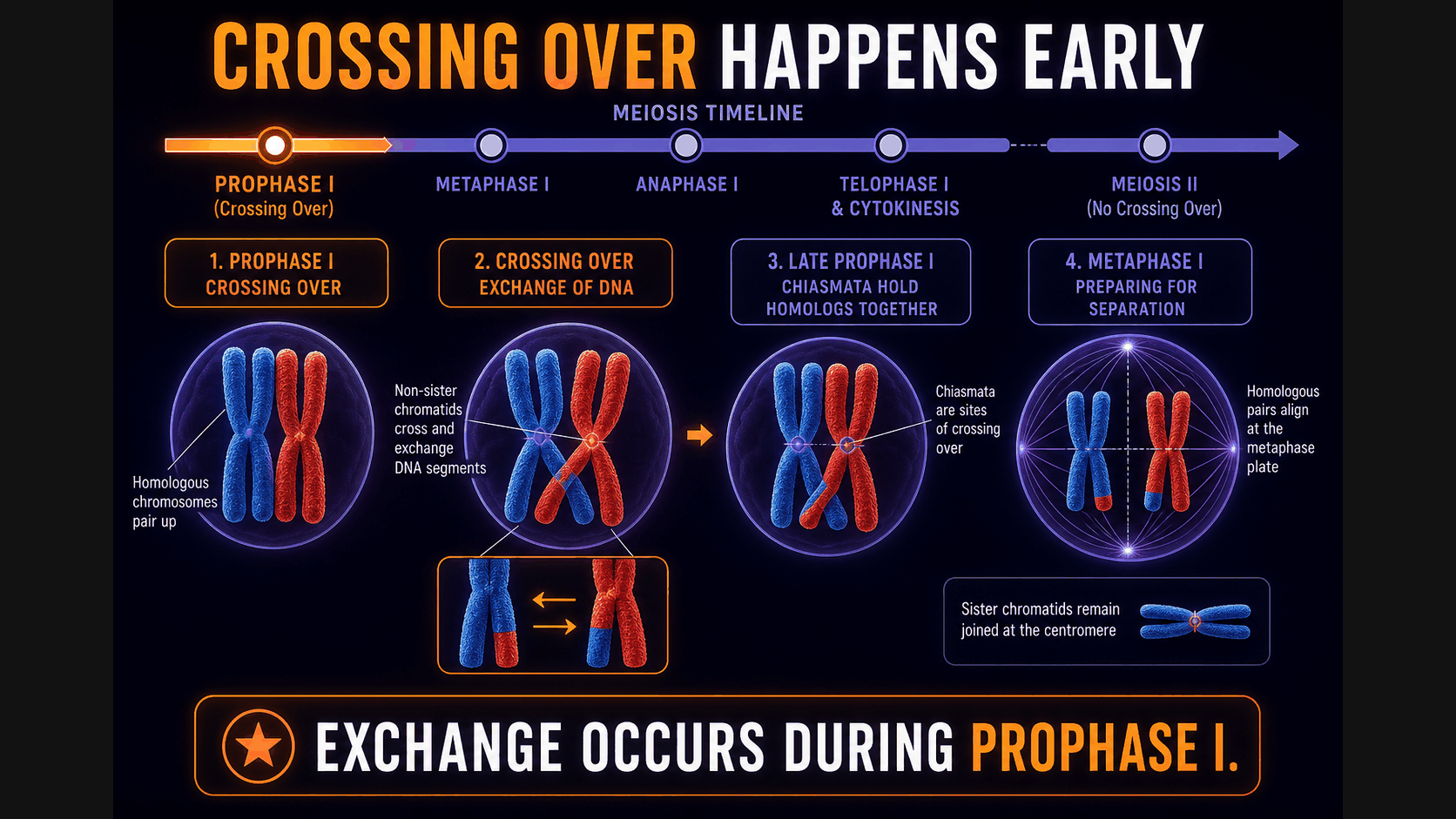 AP Biology prophase I infographic showing crossing over happening before homologous chromosomes separate in meiosis I