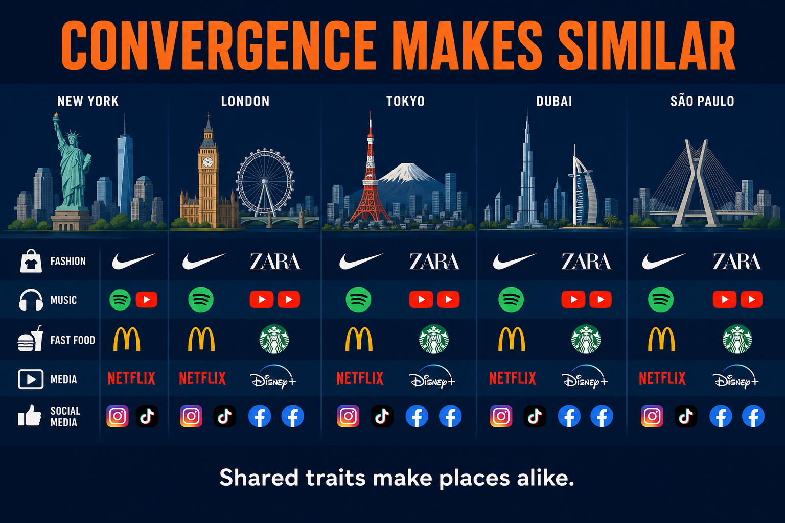 AP Human Geography cultural convergence visual showing different cities becoming similar through brands music fashion fast food and media