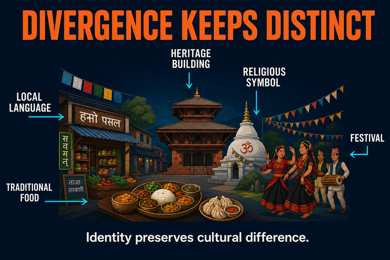 Cultural Divergence AP Human Geography AP Human Geography cultural divergence visual showing local language signs traditional food religion festivals and heritage buildings preserving identity
