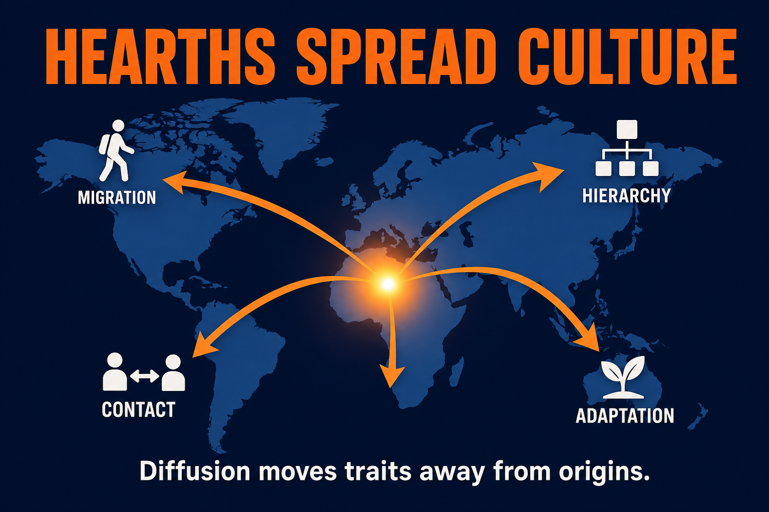 AP Human Geography cultural hearth diffusion visual showing traits spreading outward by migration hierarchy contact and adaptation