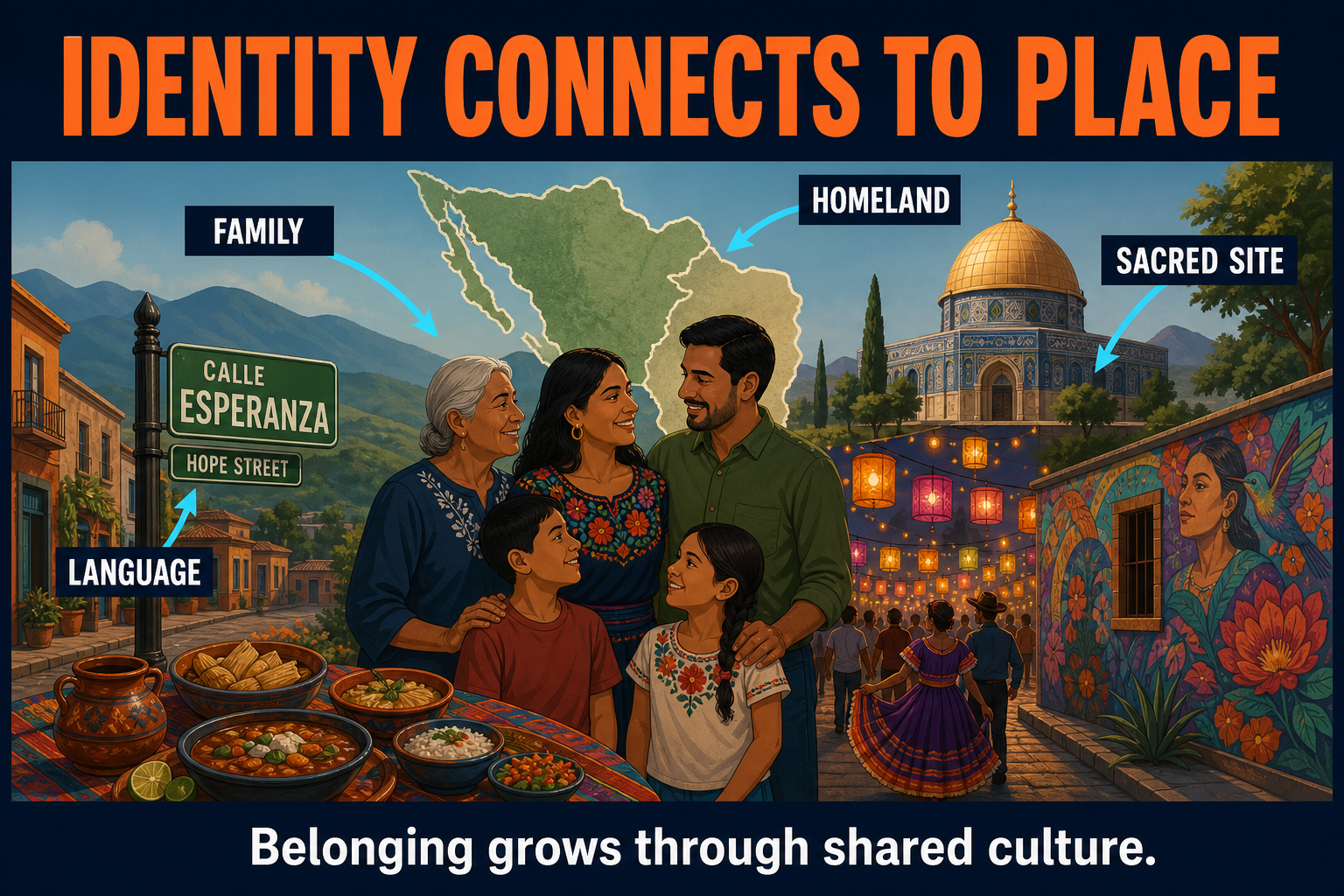 AP Human Geography cultural identity visual showing family homeland maps language signs sacred sites food murals and festivals