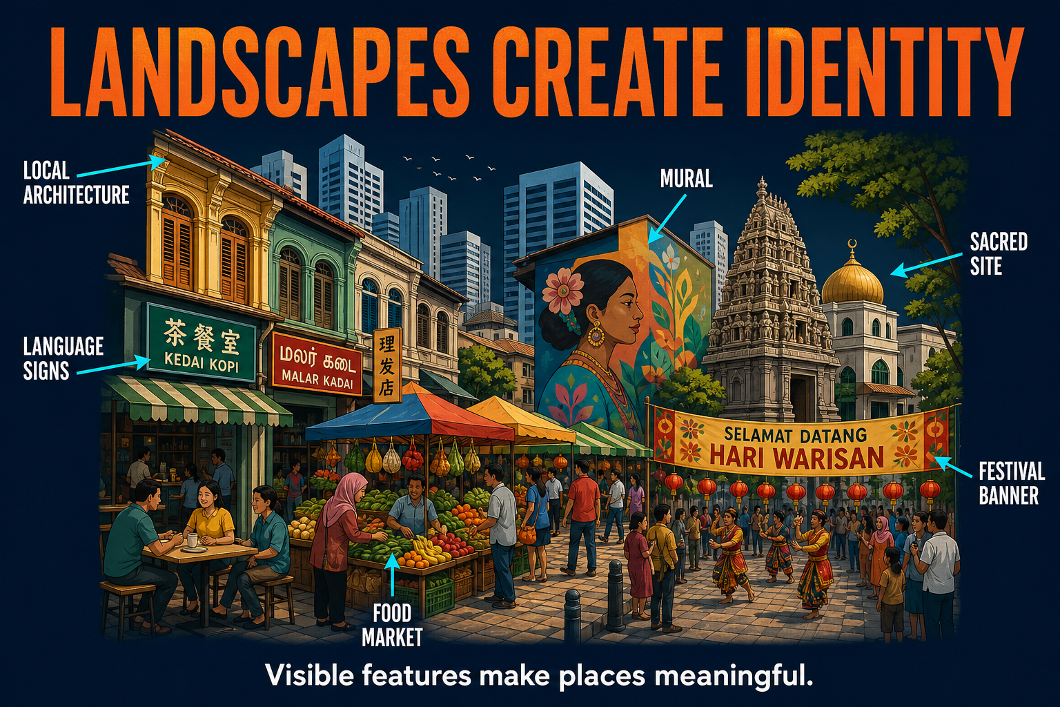AP Human Geography cultural landscape visual showing local architecture language signs food markets murals sacred sites and festivals creating sense of place