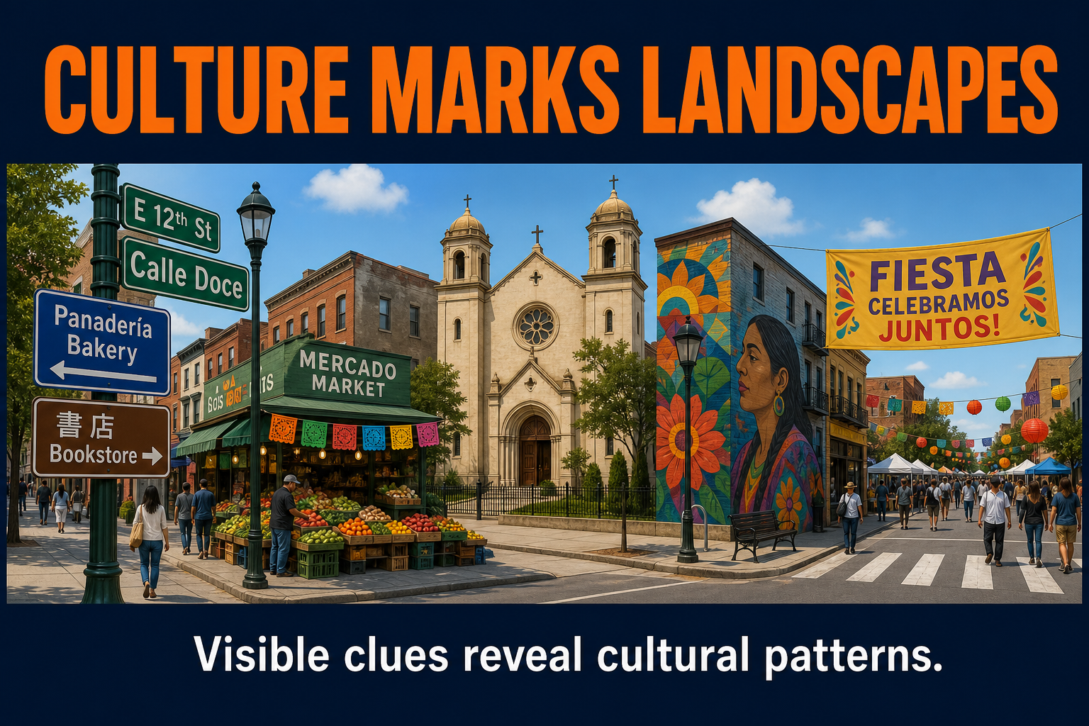 AP Human Geography culture and cultural landscape visual showing bilingual signs food markets religious buildings murals and festival banners