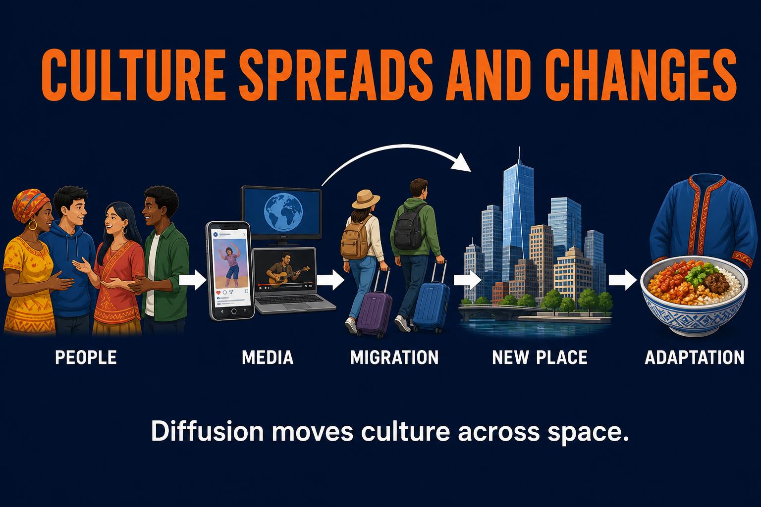 AP Human Geography culture diffusion visual showing people media cities migration and adaptation moving cultural traits