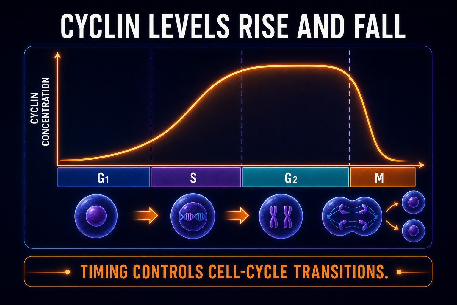 AP Biology cyclin levels infographic showing cyclins rising and falling across cell cycle phases