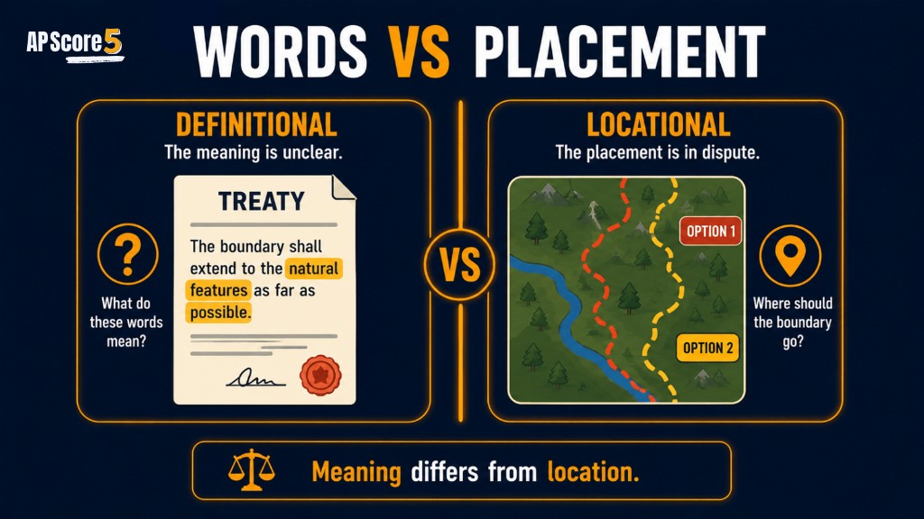 Definitional versus locational boundary disputes AP Human Geography image comparing treaty wording and boundary placement