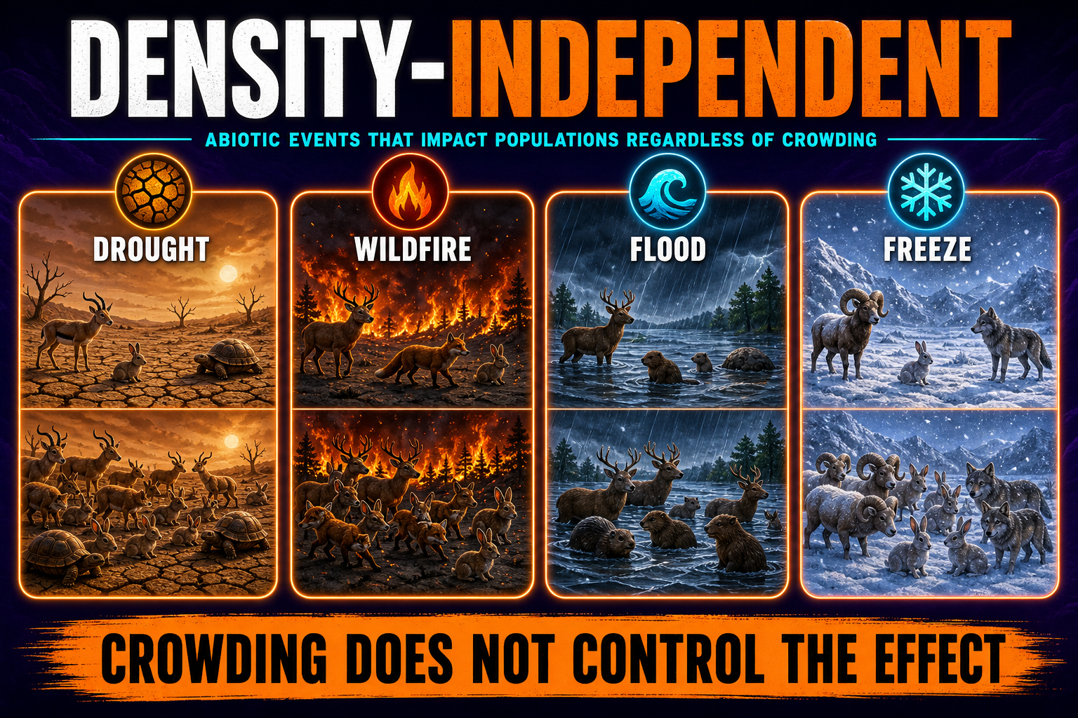 Density independent factors AP Biology showing drought wildfire flood and temperature change affecting population size